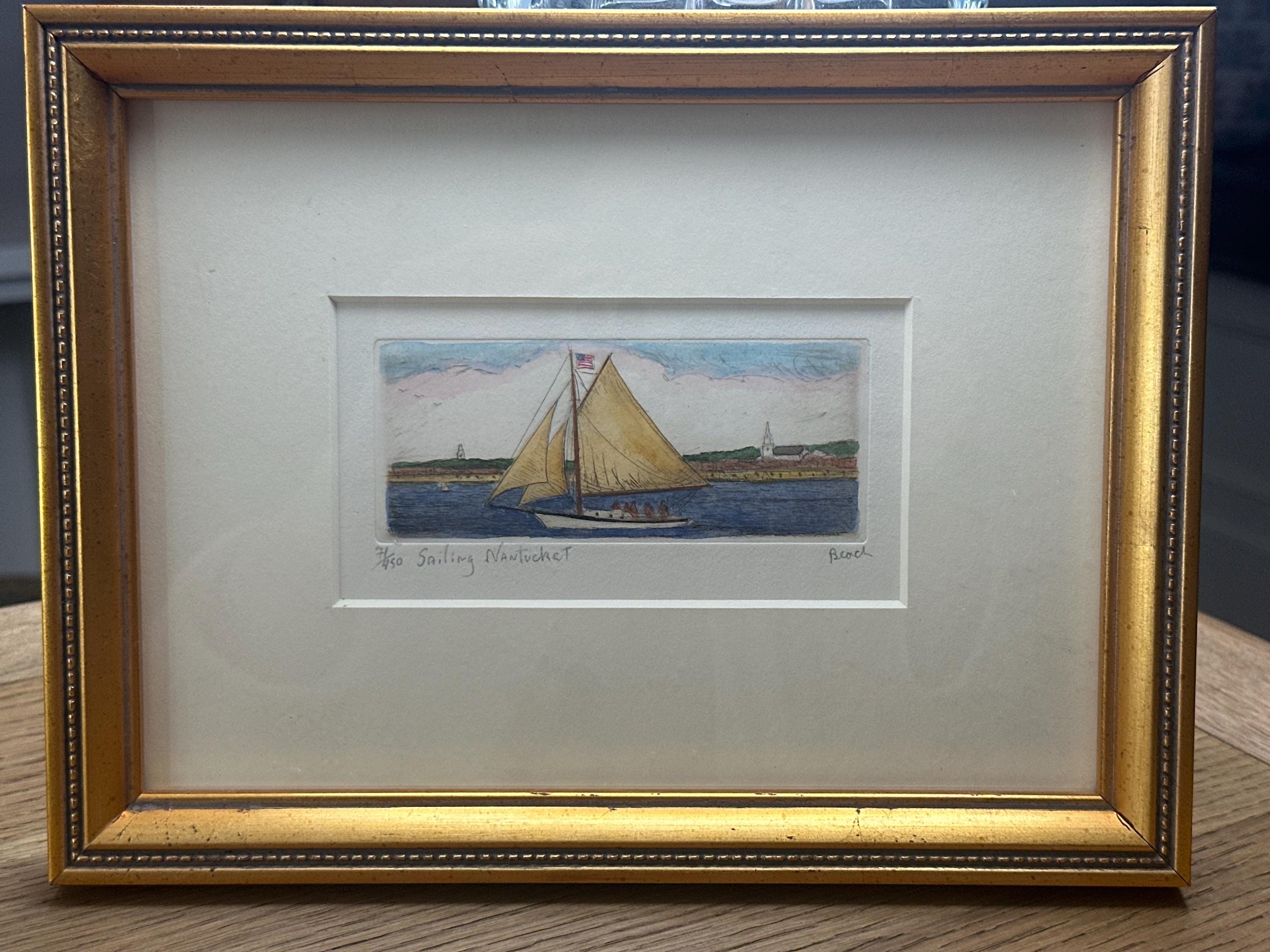 Framed Colored Etching, Sailing Nantucket, Artist Beach, Framed in Gold
