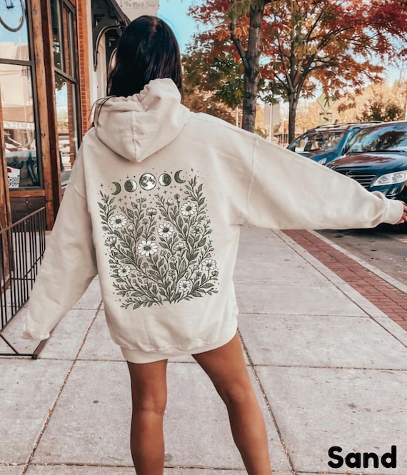 Boho Moon Phase Hoodie Celestial Floral Hoodie, Botanical Moon Shirt Witchy Nature Astrology Hoodie, Oversized Plant Hoodie Flower Hoodie