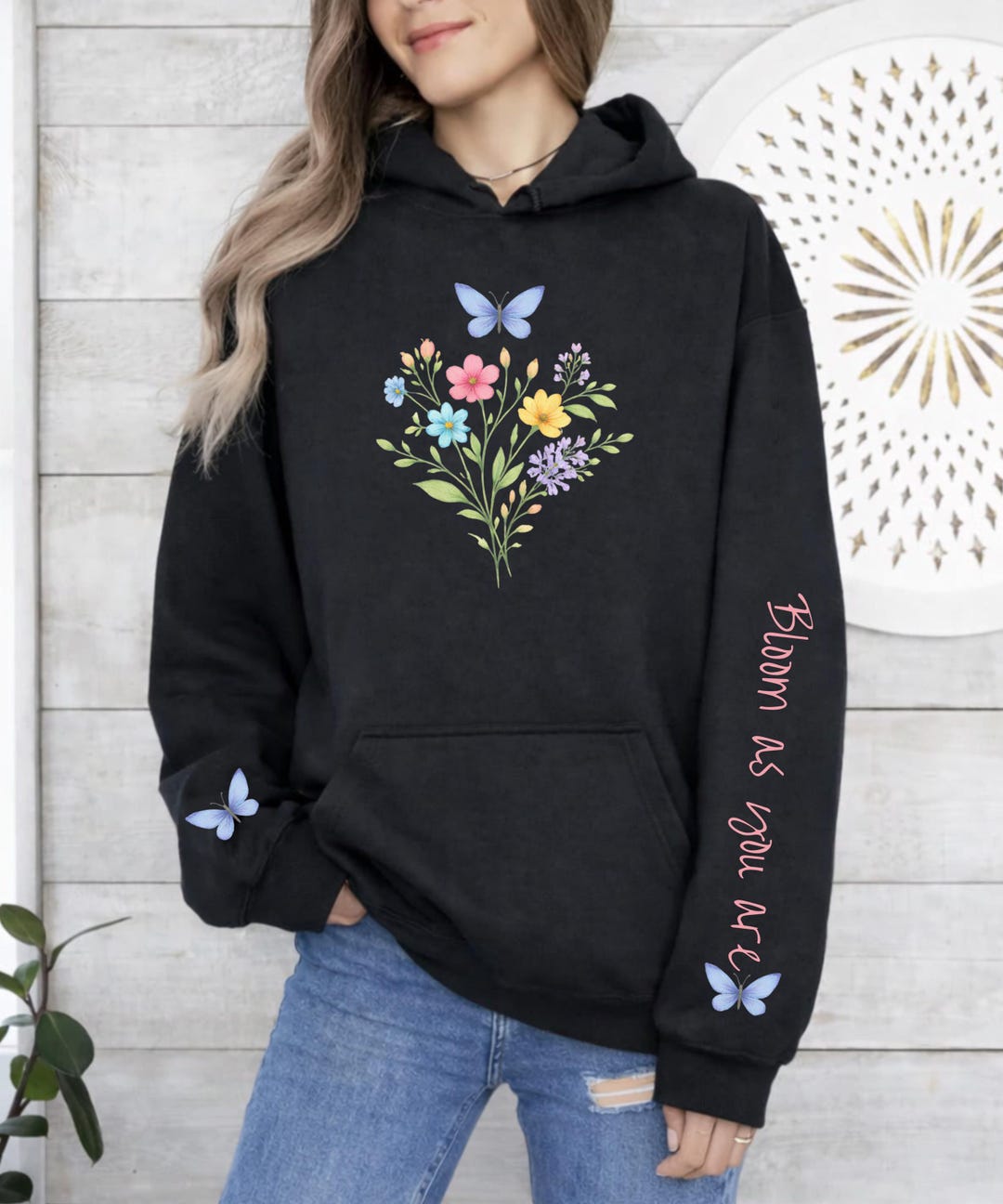 Wildflower Butterfly Sleeve Design Hoodie, Cottagecore Floral Design ...