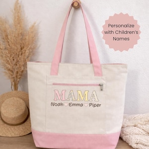 Borsa tote personalizzata per la mamma, borsa tote con nome patchwork, regalo personalizzato per la mamma, borsa con i nomi dei bambini, regalo per la festa della mamma, borsa tote in tela con cerniera