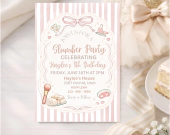 Editable Slumber Party Birthday Invitation, Girls Sleepover Invite, Pajama Party Digital Evite, Canva Template, Digital Download