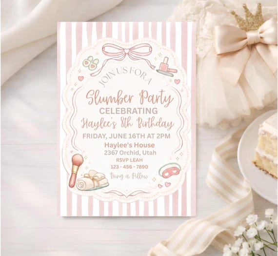 Editable Slumber Party Birthday Invitation, Girls Sleepover Invite, Pajama Party Digital Evite, Canva Template, Digital Download