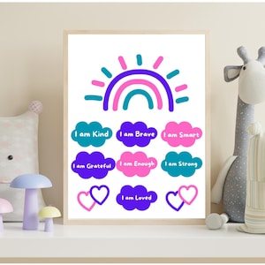 Rainbow Affirmations Wall Art Affirmations for Kids I am Kind Loved Brave Enough Inspirational Nursery Wall art Positive Affirmations