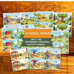 Puede incluir: Un conjunto de 11 páginas de actividades imprimibles "Encuentra las diferencias". Cada página presenta ilustraciones coloridas de escenas como granjas, parques y entornos naturales. Las páginas están diseñadas para niños y contienen texto.