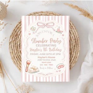May include: A pink and white striped invitation for a slumber party, featuring the text "Join us for a Slumber Party Celebrating Haylee's 8th Birthday." The invitation includes details such as the date, time, location, and RSVP information.