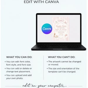 May include: A black laptop displays a Canva template for a slumber party invitation. The template features pink stripes, a bow, and text that reads "Slumber Party Celebrating Haylee's 10th Birthday." Text at the bottom says "edit on your computer."