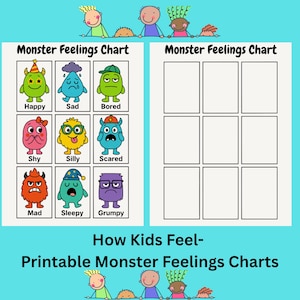 Printable Emotions Chart ,Monster Feelings Chart for Kids, Emotional Learning Worksheet,  Printable PDF Emotions  Activity for SEL Learning