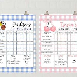 May include: Two chore charts, one blue and one pink, with a gingham pattern. The blue chart is labelled "Jordan's Chore Chart" and the pink chart is labelled "Emma's Chore Chart". Both charts have sections for tasks, rewards, and a points total of 35.