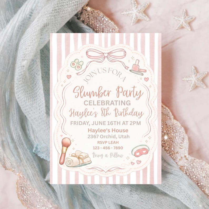 May include: A pink and white striped invitation for a slumber party, featuring the text "Join Us For A Slumber Party Celebrating Haylee's 8th Birthday." The invitation includes illustrations of makeup, a makeup brush, and a sleep mask.