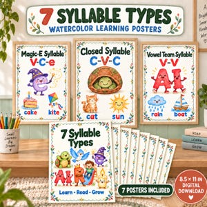 Pode incluir: Um conjunto de cartazes educativos intitulados 7 Syllable Types Watercolor Learning Posters, com ilustrações de uma tartaruga, gato, sol, bolo, pipa, chuva e barco, incluindo etiquetas de texto como Magic-E Syllable, Closed Syllable e Vowel Team.