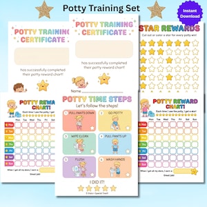以下が含まれることがあります： カラフルなチャートと証明書を備えたおむつはずしトレーニングセット。セットには、報酬チャート、証明書、ステップバイステップガイドが含まれています。テキストには「おむつはずしトレーニング証明書」が含まれています。