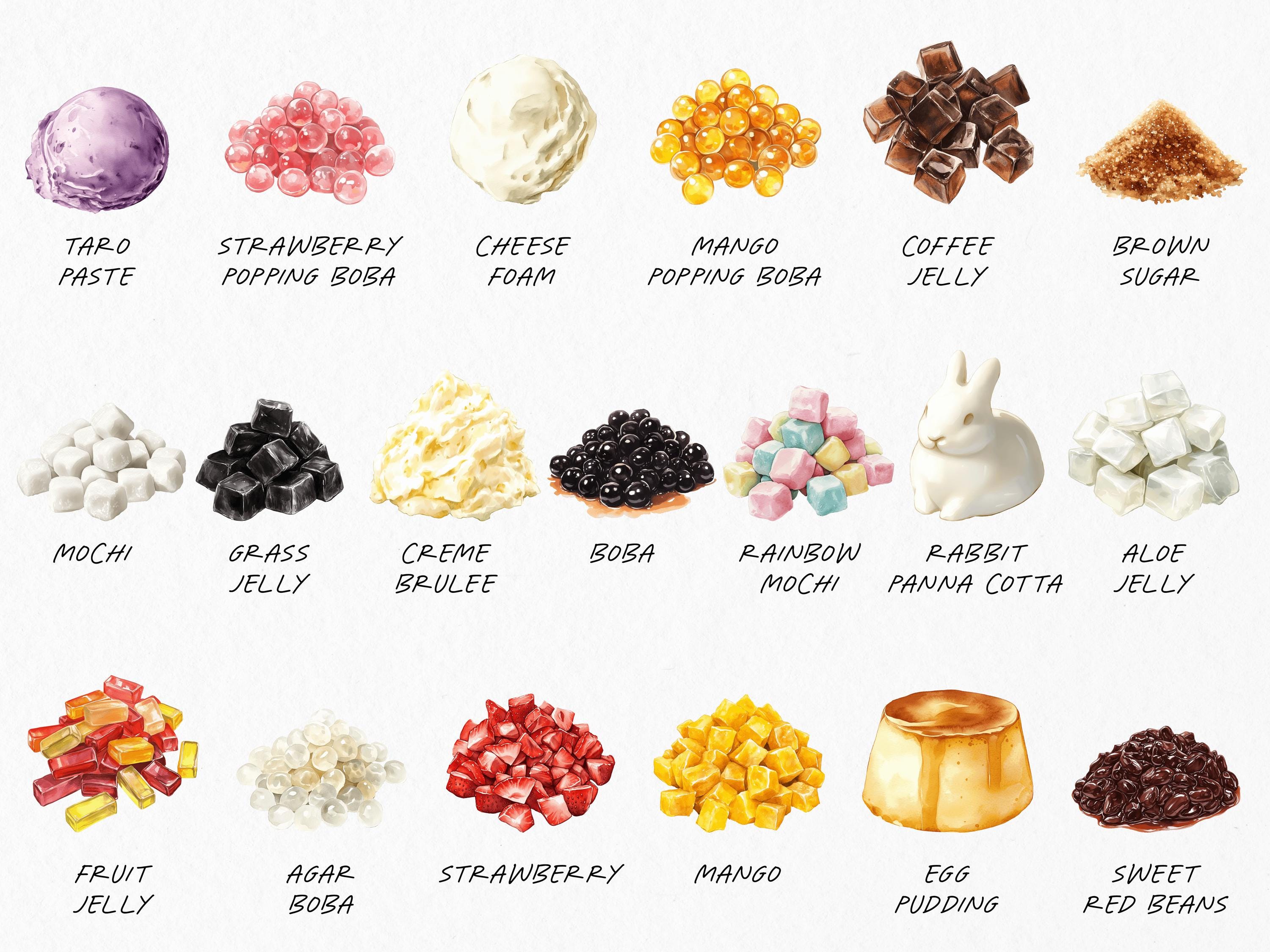 Watercolor Boba Toppings Clipart Bundle | 19 Transparent PNG ...