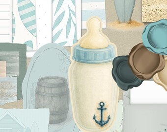 Baby Sea Foam Sailor Themed Digital Stickers - 180+ Elegant Transparent PNGs for Digital Planners, Goodnotes, Bullet Journals, Printed Décor
