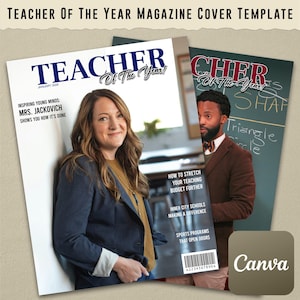 Op de afbeelding: Magazine cover template met de titel "Teacher of the Year". De cover toont een vrouw en een man, met tekst als "Inspiring Young Minds" en "How to Stretch Your Teaching Budget Further". Het Canva-logo is zichtbaar.