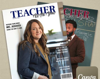 Teacher Of The Year Magazine Cover Template on Canva (Includes 16 Different "Teacher Of The Year" logos) Customizable, Appreciation Artwork