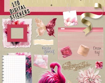 Flamingo & Flower Themed Digital Stickers - 170 Elegant Transparent PNGs for Digital Planners, Goodnotes, Bullet Journals, iPad