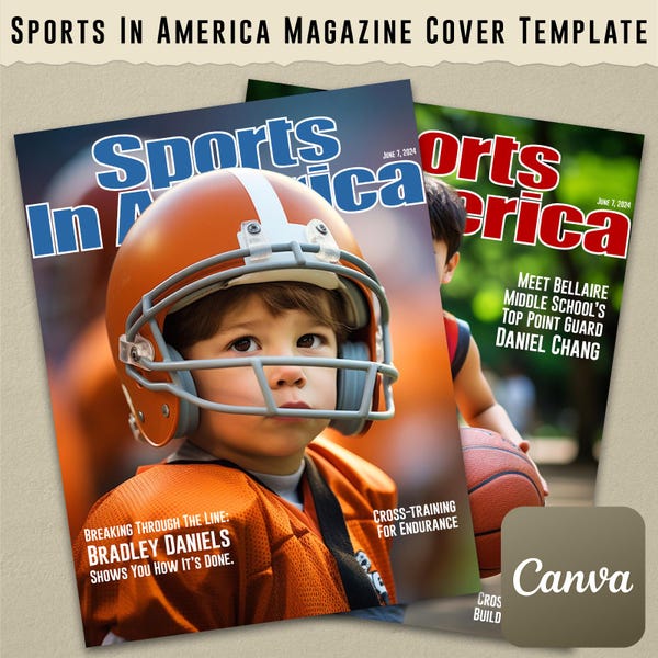 Modelo de capa de revista Sports In America no Canva (inclui 10 logotipos diferentes de "Sports In America") personalizável, Little League High School