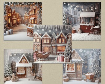 Five High Resolution Digital Gingerbread Themed Christmas Backgrounds with Five Snow Overlays for Use on Canva, Google Slides, Photoshop etc