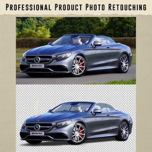 Puede incluir: Un coche descapotable gris con pinzas de freno rojas y llantas plateadas. El coche tiene una parrilla delantera negra con el logotipo AMG. La imagen superior muestra el coche en un entorno natural, mientras que la imagen inferior tiene un fondo transparente. El texto en la parte superior dice "PROFESSIONAL PRODUCT PHOTO RETOUCHING".