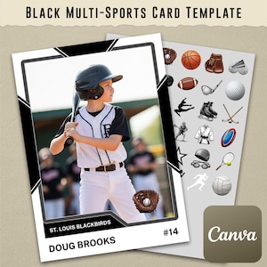 Black Universal Multi-Sports Trading Card Template #1 on Canva (Baseball, Football, Basketball, Soccer, Gymnastics, Cheerleading, etc.)