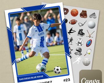 Blue Universal Multi-Sport Trading Card Template #1 on Canva (Baseball, Football, Basketball, Soccer, Track, Gymnastics, Tennis, etc.)