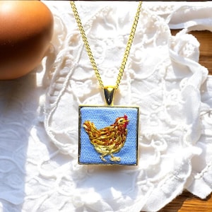 Hen Embroidered Necklace – Hand Stitched Chicken Pendant | Square Farmhouse Thread Art | Gold Chain Jewelry