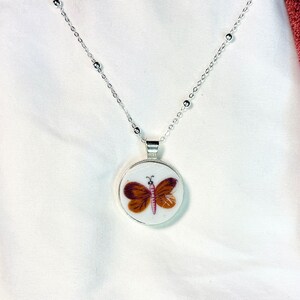 Crimson Butterfly Pendant with Silver Satellite Chain – Repurposed Antique China Necklace
