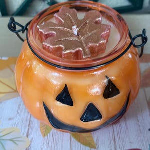 jack o lanterns Candle with Leaf Wax Topper Fall Autumn  and Halloween Home Decor