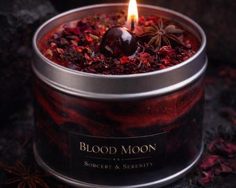 Blood moon ritual candle, full moon intention setting candle 8 oz candle in black tin, Eclipse Candle | Crystal Candle | Shadow Work | Prote