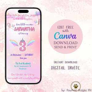 Modelo de convite de aniversário estilo unicórnio editável e animado para celular e impressão de cartão, cartão de aniversário em vídeo digital