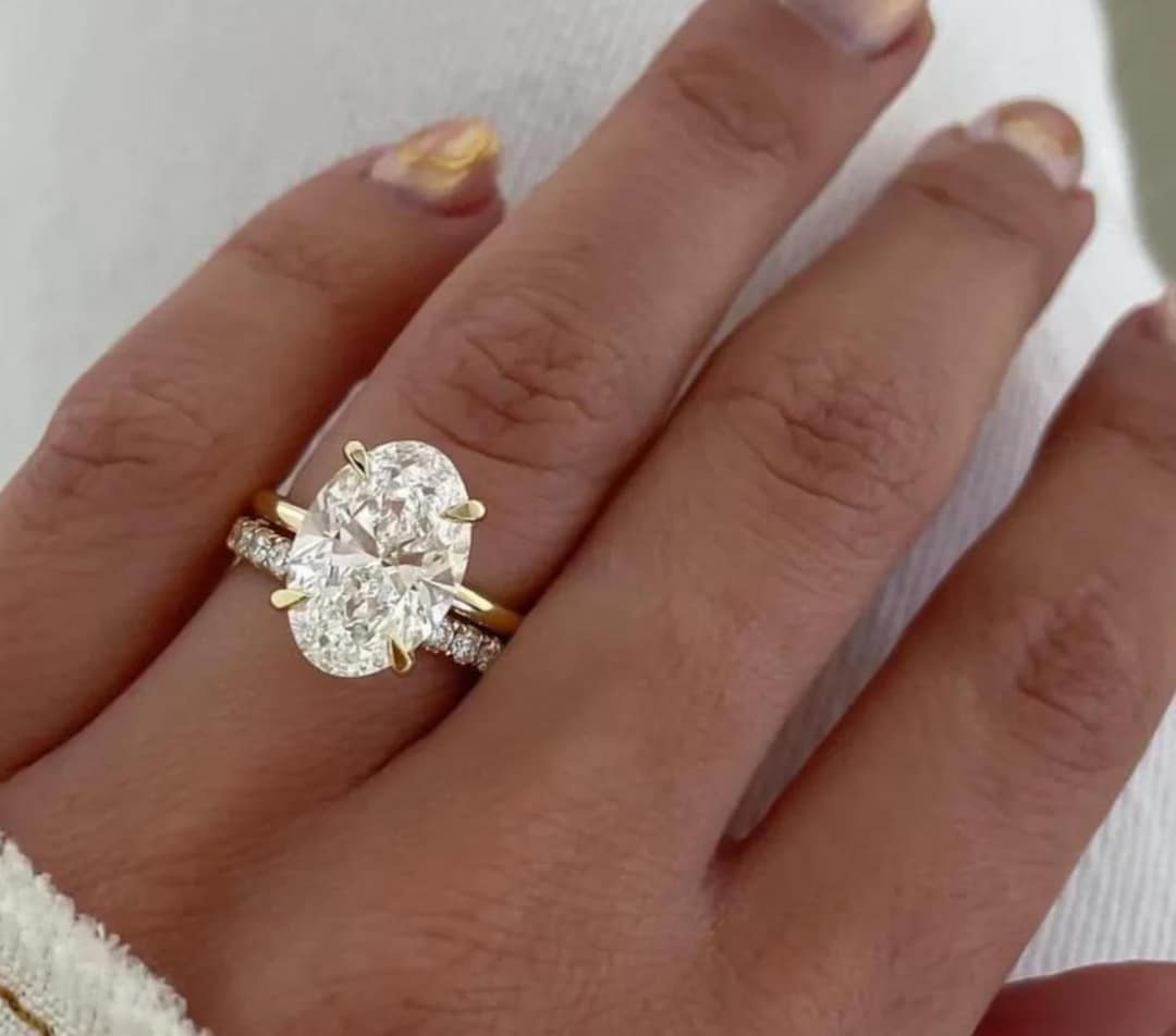 3 CT Oval Cut Moissanite Engagement Ring Set, 14K Solid Gold Oval ...