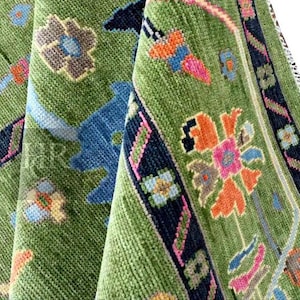 Handmade Verdant Indo Oushak Rug – Hand-Knotted Wool Rug in Multiple Sizes – Luxurious Moss Green Rug for Living Room, Bedroom & Dining Hall