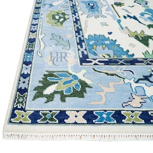 Modern Oushak Rug, Blue Border Abstract Floral Oushak, Red Green Pink Accent Turkish Rug, living Area Rug:The Sky Wool 8x10, 9x12 Rug