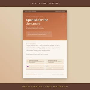 May include: A digital ministry resource document titled Spanish for the Sanctuary, featuring a terracotta and cream color scheme. The text includes sections on greetings, worship vocabulary, prayer phrases, and everyday church phrases for Spanish speakers.