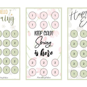 May include: Three rectangular cards featuring spring and Easter themes. The first card says Hello Spring with green circles numbered 1 and 2. The second card says Keep Calm Spring is here with pink circles numbered 1 and 2. The third card says Happy Easter with green circles numbered 1, 2, and 3.