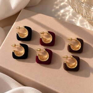 Gold Plated Geometric Stud Earrings, Velvet Effect Square Earrings, Black Burgundy Brown