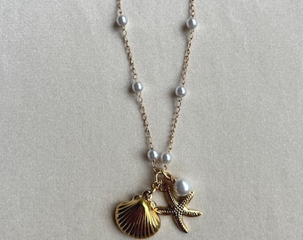 18K Gold Plated Starfish & Shell Charm Bracelet | Faux Pearl Beaded Chain | Stainless Steel