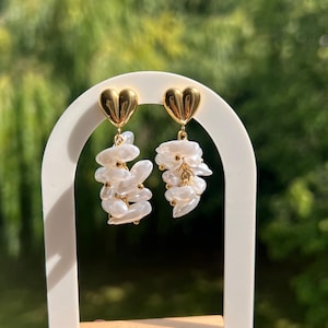 18K Gold Plated Heart Pearl Dangle Earrings: Elegant Bridal Jewelry