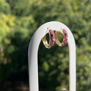 Floral Enamel Hoop Earrings: 18K Gold Plated Huggie Hoops