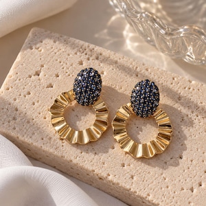 Navy Crystal Gold Tone Drop Earrings, Textured Circle Statement Jewellery, Modern Elegant Design