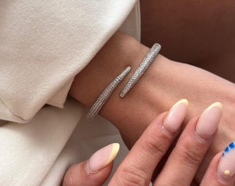 Silver Tone CZ Cuff Bracelet: Pave Cubic Zirconia Statement Bangle | Gift For Women