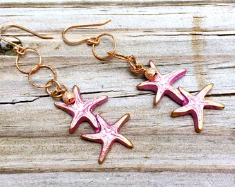 Rose Gold and Shimmering Pink Starfish Earrings