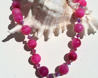 Hot Pink Dyed Faceted Jade Necklace with Fuchsia, White Dichroic Glass and Swarovski Crystal Accents & Antiqued Silver Flower Toggle Clasp