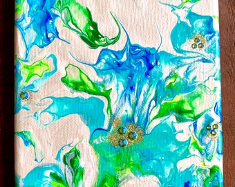 Aqua & Cobalt Floral Bloom Painting #1