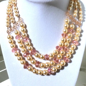 Peach, Pink & Rose Gold Pearl and Crystal 3 Multi Strand Choker Necklace with Floral Accents and Gold Filagree Box Clasp