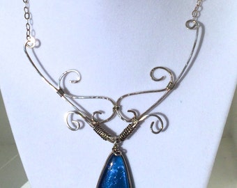 Silvery Blue Dichroic Tear Drop Sterling Silver Wire Wrapped Necklace & Matching Earrings