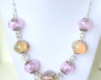 Soft Pink Hollows & Silver Glass Petals Lampwork Bead Necklace with Sterling Silver