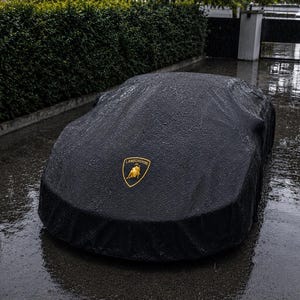 Könnte beinhalten: Eine schwarze Autoabdeckung mit dem goldenen Lamborghini-Logo. Die Abdeckung ist nass, was auf Regen hindeutet. Das Auto steht auf nassem Untergrund, mit einer grünen Hecke und einem Tor im Hintergrund.