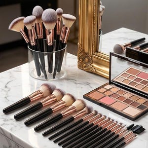 Può includere: Una collezione di pennelli per il trucco con manici neri e ghiere in oro rosa, dotati di setole sintetiche morbide. Alcuni pennelli sono disposti in un portapennelli cilindrico trasparente, mentre altri sono allineati accanto a una palette di ombretti aperta.