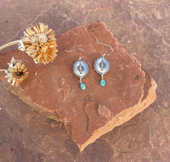 Turquoise Southwest Sterling Concho Earrings - Handmade Artisan Cowgirl Jewelry
